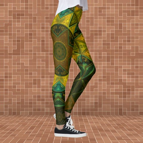 Mosaic Kaleidoscope Flower Yellow and Green Leggings