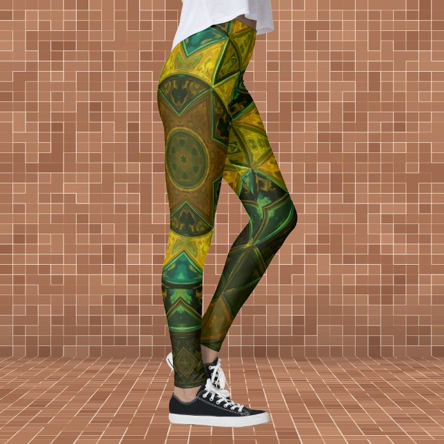 Mosaic Kaleidoscope Flower Yellow and Green Leggings (Creator Uploaded)
