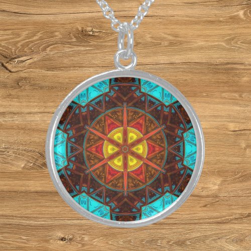 Mosaic Kaleidoscope Flower Yellow Orange and Blue Sterling Silver Necklace