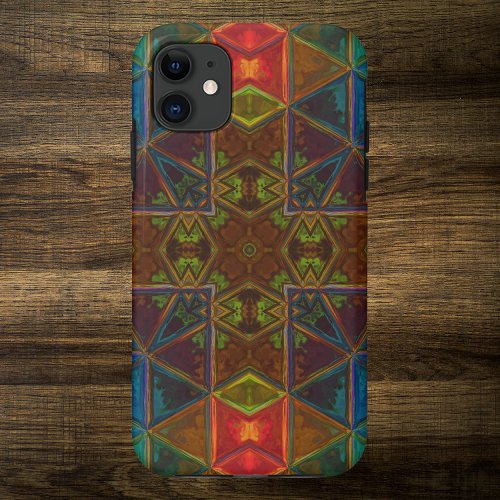 Mosaic Kaleidoscope Square Blue Red and Green iPhone 11 Case