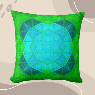 Mosaic Kaleidoscope Square Green and Blue Throw Pillow