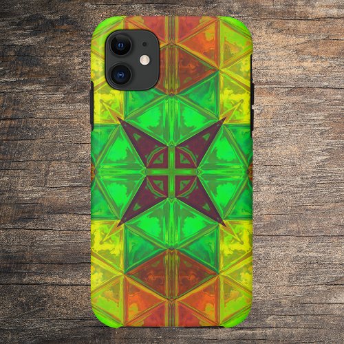 Mosaic Kaleidoscope Square Green Yellow and Orange iPhone 11 Case