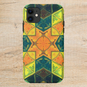 Mosaic Kaleidoscope Square Orange Yellow and Green iPhone 11 Case