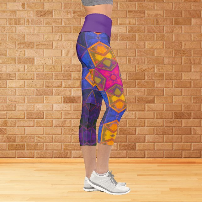 Mosaic Kaleidoscope Square Yellow Blue and Pink Le Capri Leggings (Creator Uploaded)