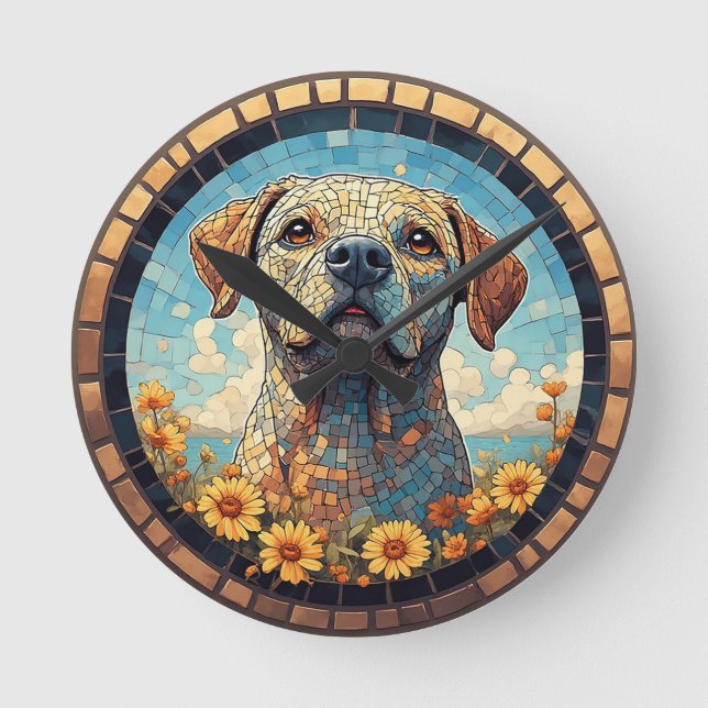 Mosaic Labrador Portrait in Circular Tile Frame Round Clock (Front)
