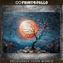 Mosaic landscape with red sun and a cherry tree