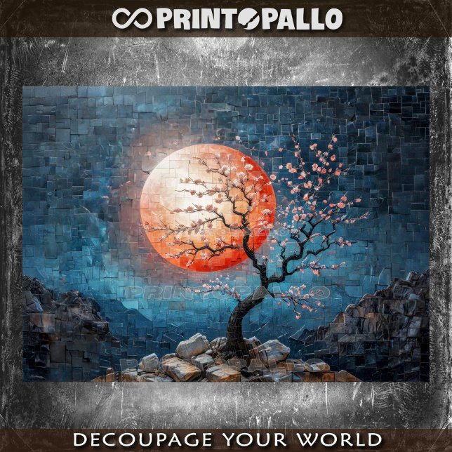 Mosaic landscape with red sun and a cherry tree  tissue paper (Creator Uploaded)