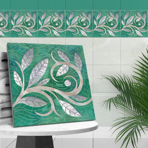 Mosaic Leaf Swirl ornament  Ceramic Tile