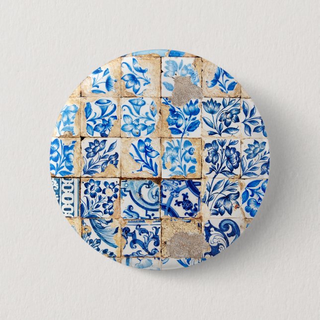 mosaic lisbon blue decoration portugal old tile po pinback button (Front)