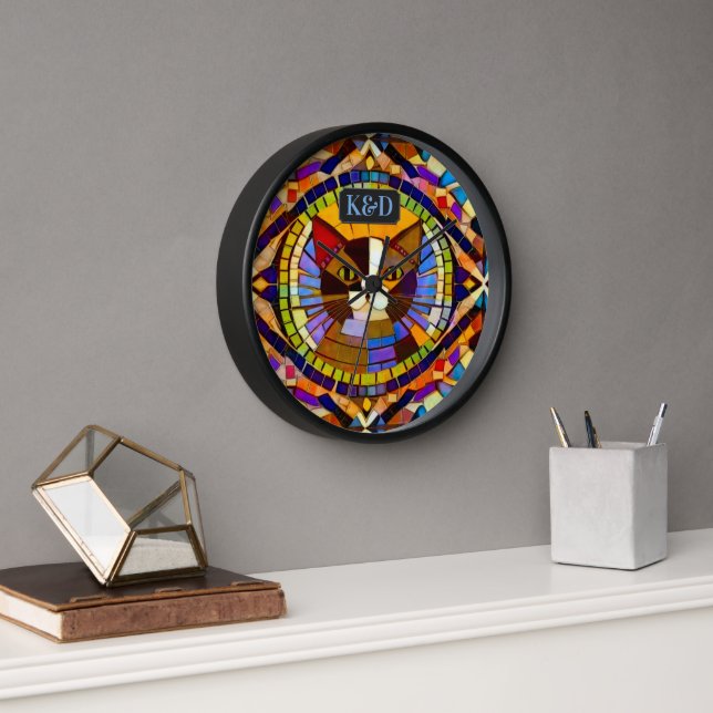 Mosaic Look Cat with Monograms or Name colorful Clock (Office)
