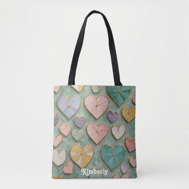 Mosaic Love: Pastel Hearts Tote Bag (Front)