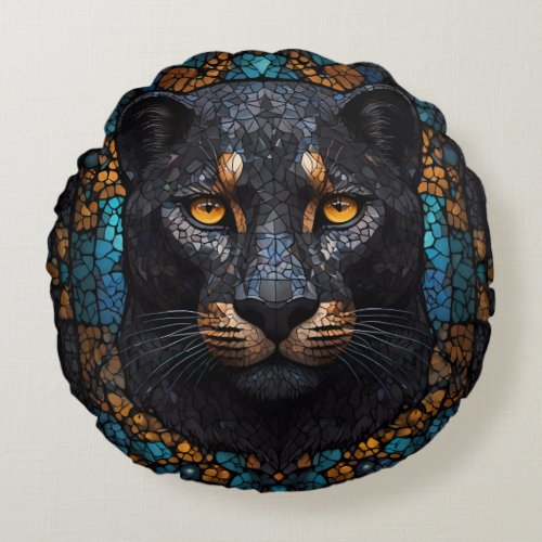 Mosaic Majesty The Black Panther Round Pillow