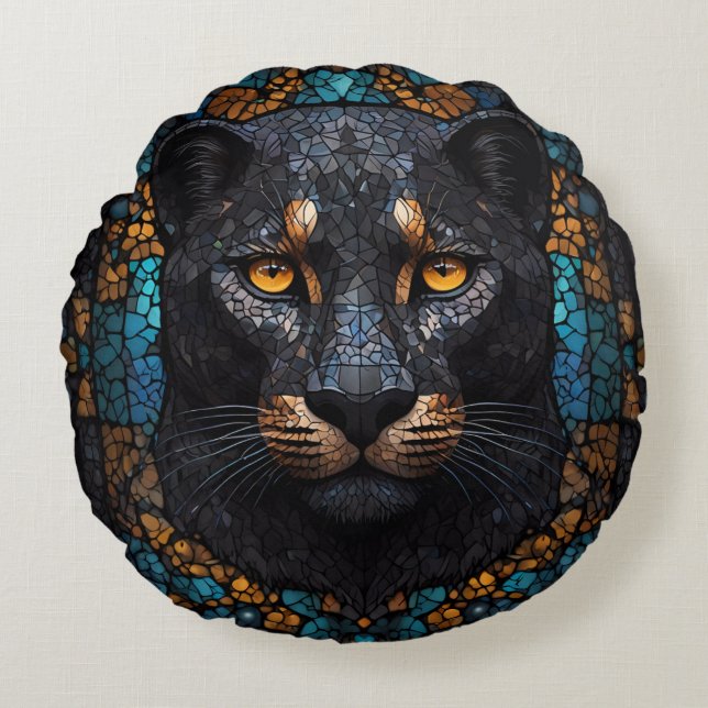 Mosaic Majesty: The Black Panther Round Pillow (Front)
