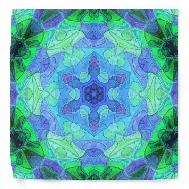 Mosaic Mandala Flower Blue and Green Bandana (Front)