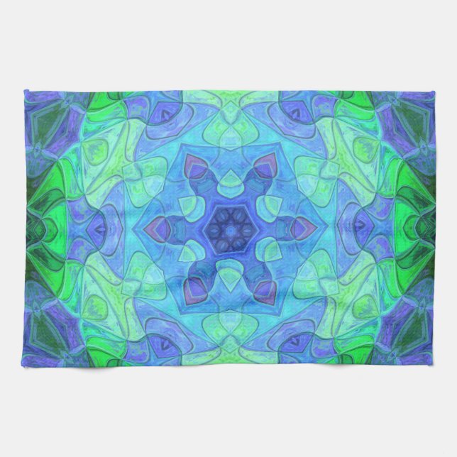 Mosaic Mandala Flower Blue and Green Kitchen Towel (Horizontal)