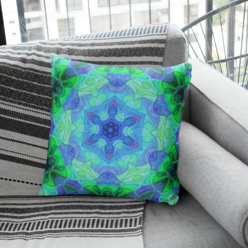 Mosaic Mandala Flower Blue and Green Throw Pillow