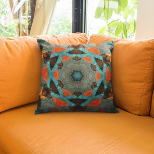 Mosaic Mandala Flower Blue and Orange Throw Pillow