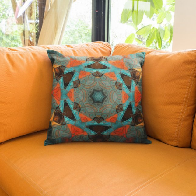 Mosaic Mandala Flower Blue and Orange Throw Pillow (Creator Uploaded)