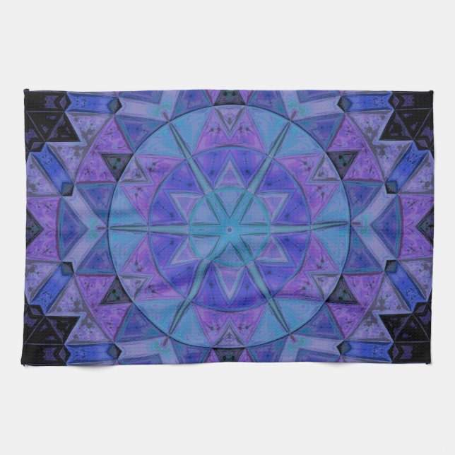 Mosaic Mandala Flower Blue and Purple Kitchen Towel (Horizontal)