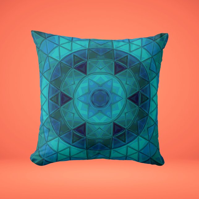 Mosaic Mandala Flower Blue Throw Pillow (Creator Uploaded)