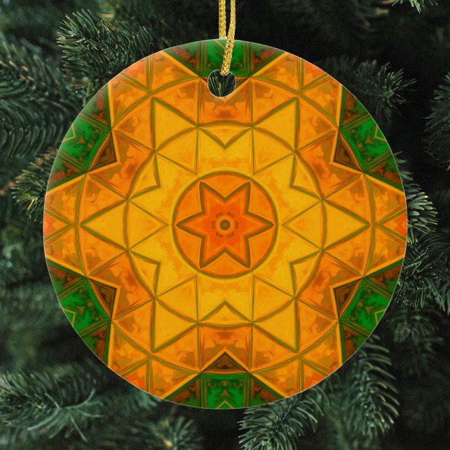 Mosaic Mandala Flower Green and Yellow Ceramic Ornament (Creator Uploaded)
