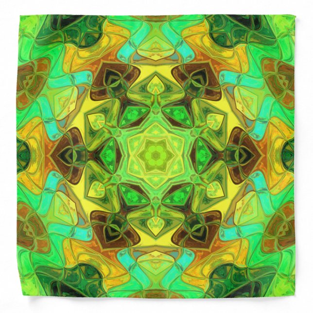 Mosaic Mandala Flower Green Blue and Yellow Bandana (Front)