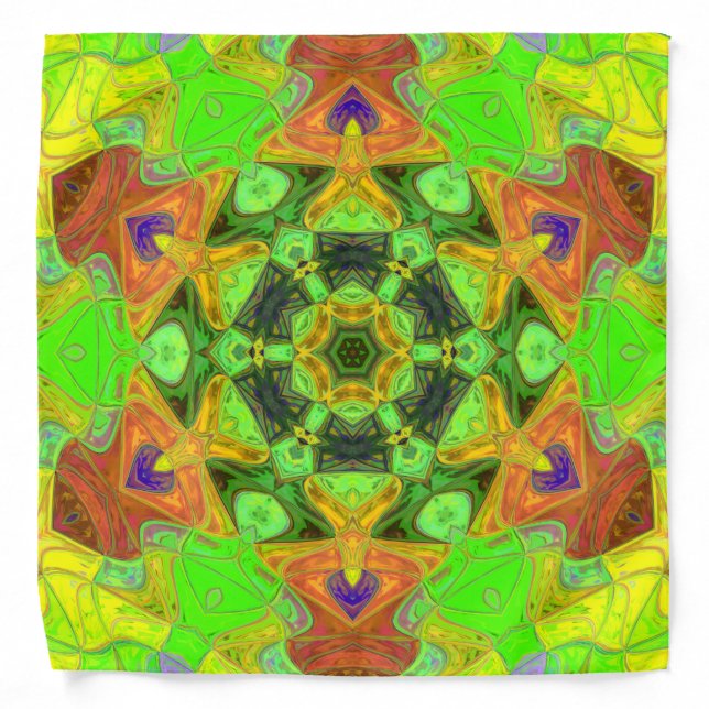 Mosaic Mandala Flower Green Orange and Yellow Bandana (Front)