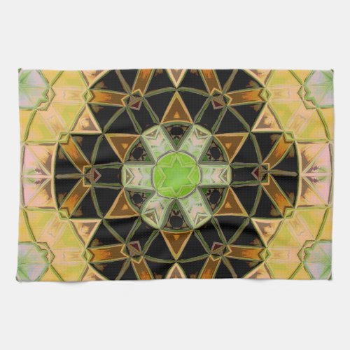 Mosaic Mandala Flower Green Yellow and Black Kitchen Towel