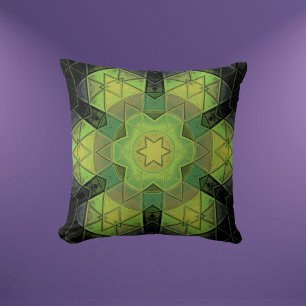 Mosaic Mandala Flower Green Yellow and Black Throw Pillow