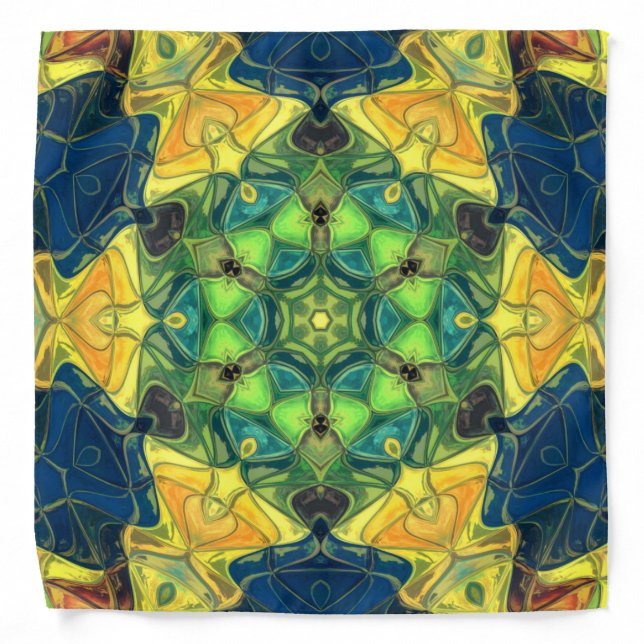 Mosaic Mandala Flower Green Yellow and Blue Bandana (Front)