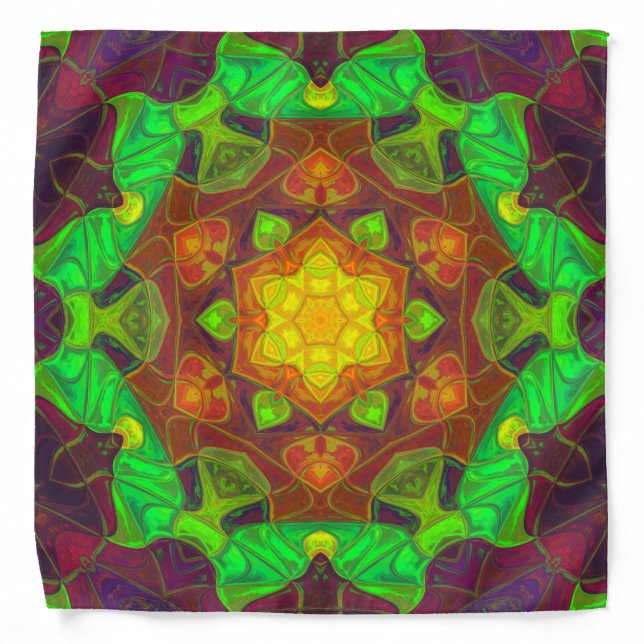 Mosaic Mandala Flower Green Yellow and Purple Bandana (Front)
