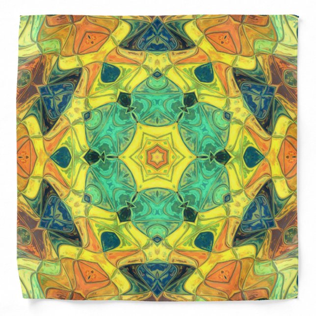 Mosaic Mandala Flower Green Yellow Blue and Orange Bandana (Front)