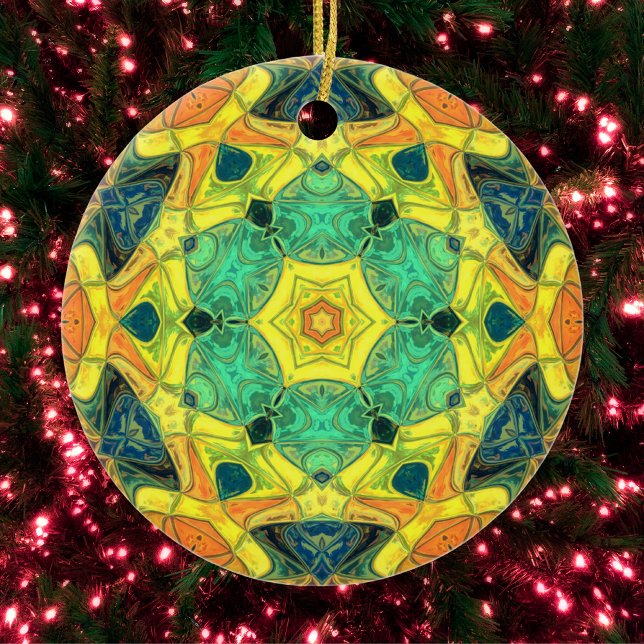Mosaic Mandala Flower Green Yellow Blue and Orange Ceramic Ornament (Creator Uploaded)