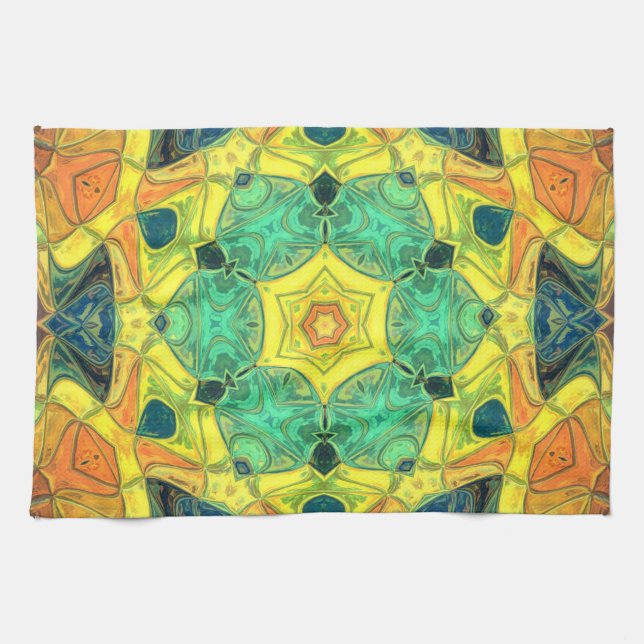Mosaic Mandala Flower Green Yellow Blue and Orange Kitchen Towel (Horizontal)