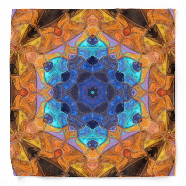 Mosaic Mandala Flower Orange and Blue Bandana (Front)