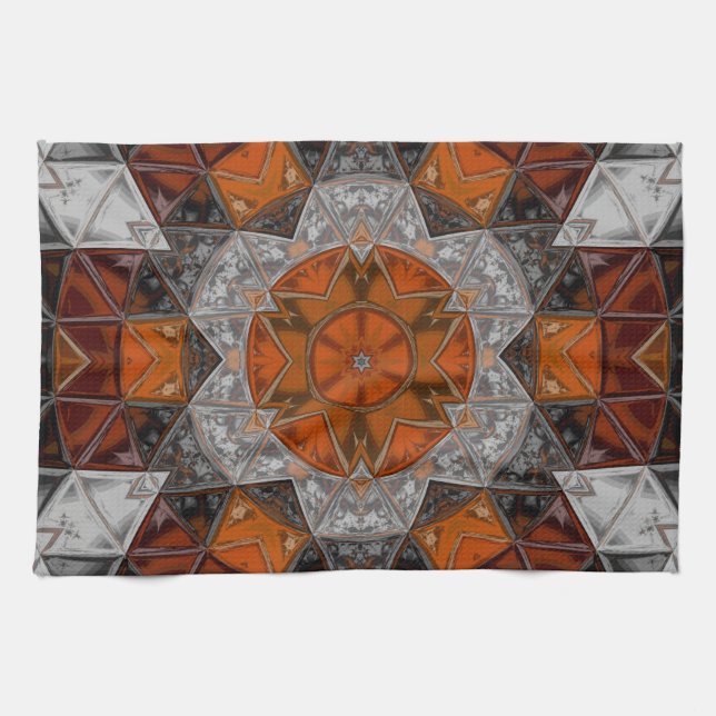 Mosaic Mandala Flower Orange White and Black Kitchen Towel (Horizontal)