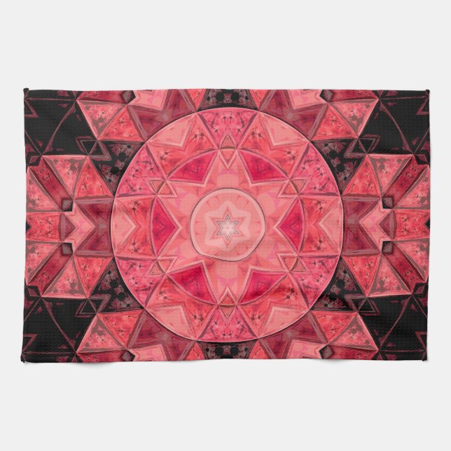 Mosaic Mandala Flower Pink and Black Kitchen Towel (Horizontal)