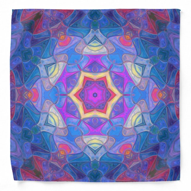 Mosaic Mandala Flower Pink Blue and Yellow Bandana (Front)