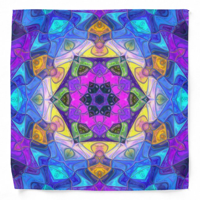Mosaic Mandala Flower Pink Blue and Yellow Bandana (Front)