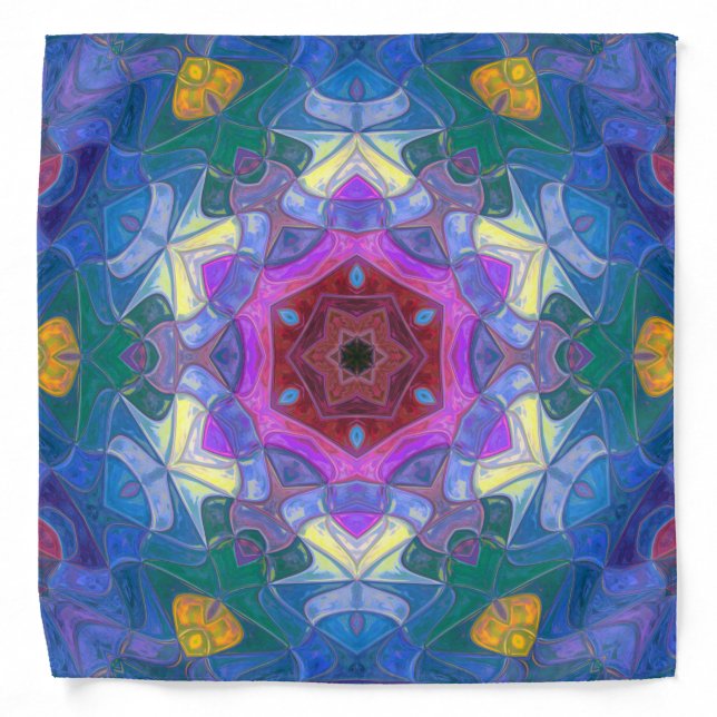 Mosaic Mandala Flower Pink Blue and Yellow Bandana (Front)