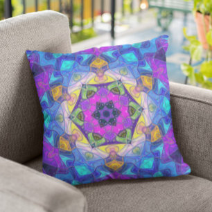 Mosaic Mandala Flower Pink Blue and Yellow Throw Pillow