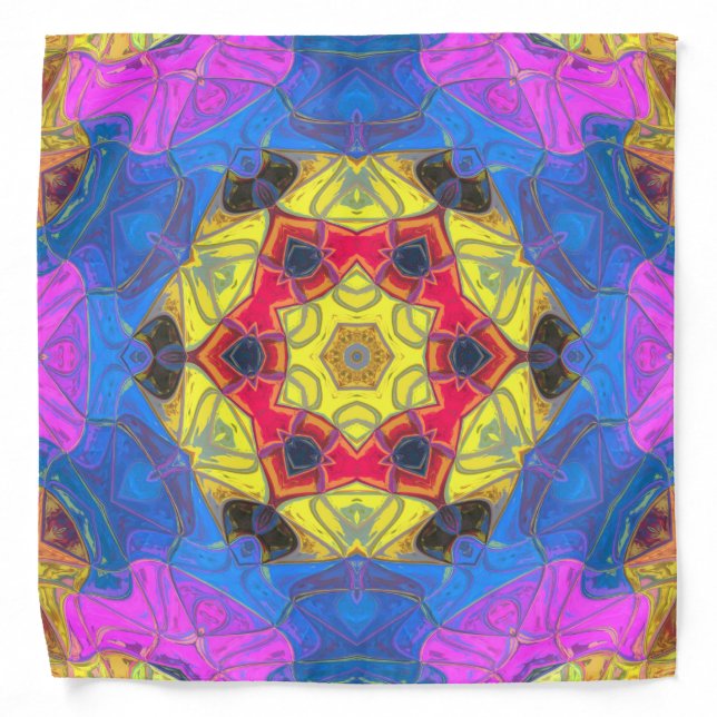 Mosaic Mandala Flower Pink Yellow and Blue Bandana (Front)