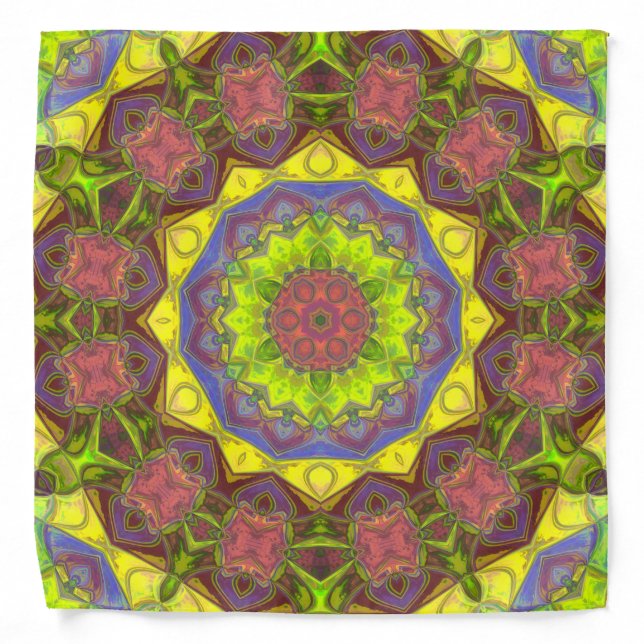 Mosaic Mandala Flower Pink Yellow and Green Bandana (Front)