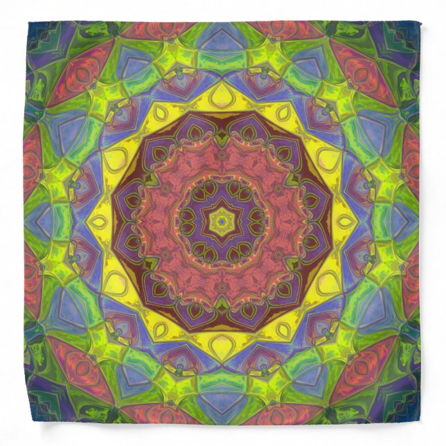 Mosaic Mandala Flower Pink Yellow and Green Bandana (Front)