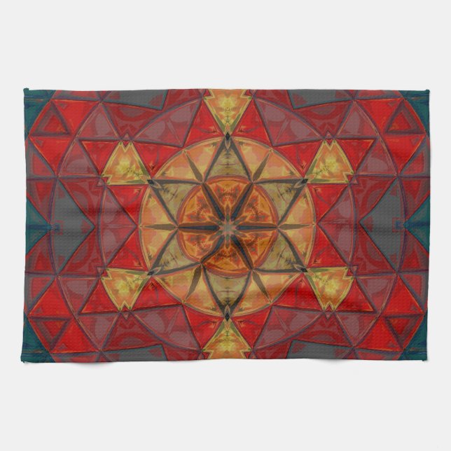 Mosaic Mandala Flower Red Blue and Yellow Kitchen Towel (Horizontal)