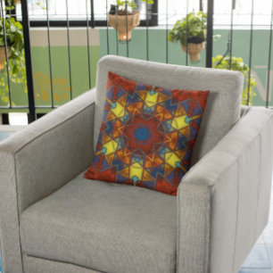 Mosaic Mandala Flower Red Yellow and Blue Throw Pillow