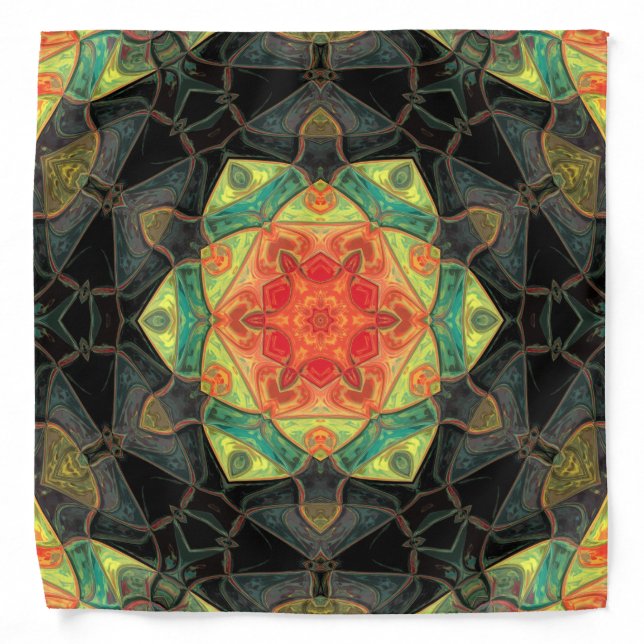 Mosaic Mandala Flower Red Yellow Green and Black Bandana (Front)