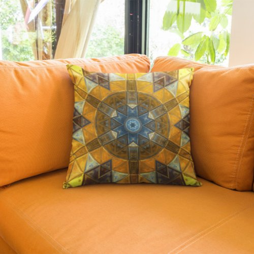 Mosaic Mandala Flower Yellow and Blue Throw Pillow