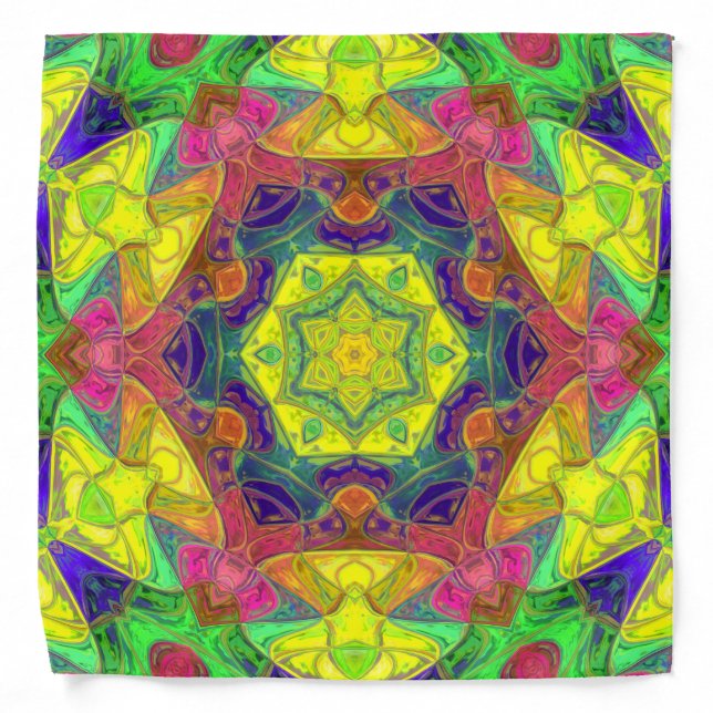 Mosaic Mandala Flower Yellow Blue and Green Bandana (Front)