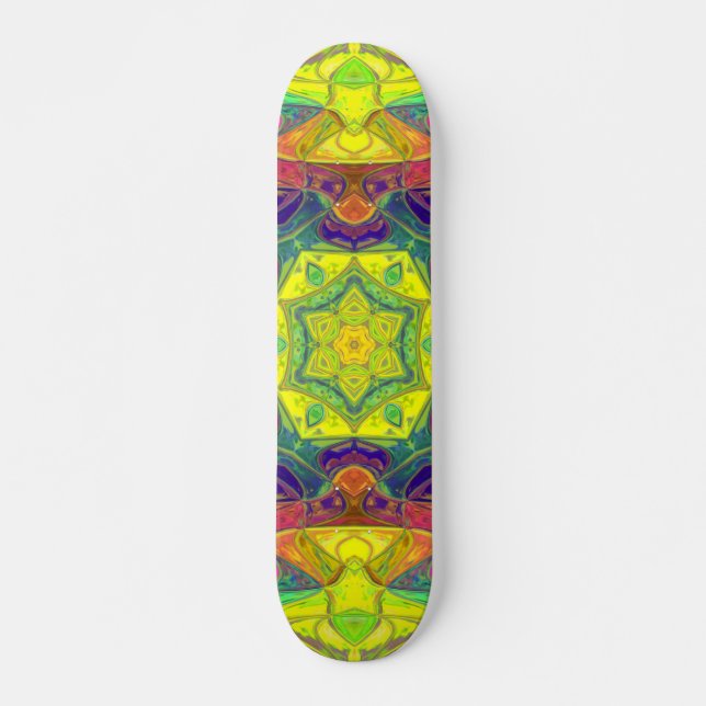 Mosaic Mandala Flower Yellow Blue and Green Skateboard (Front)